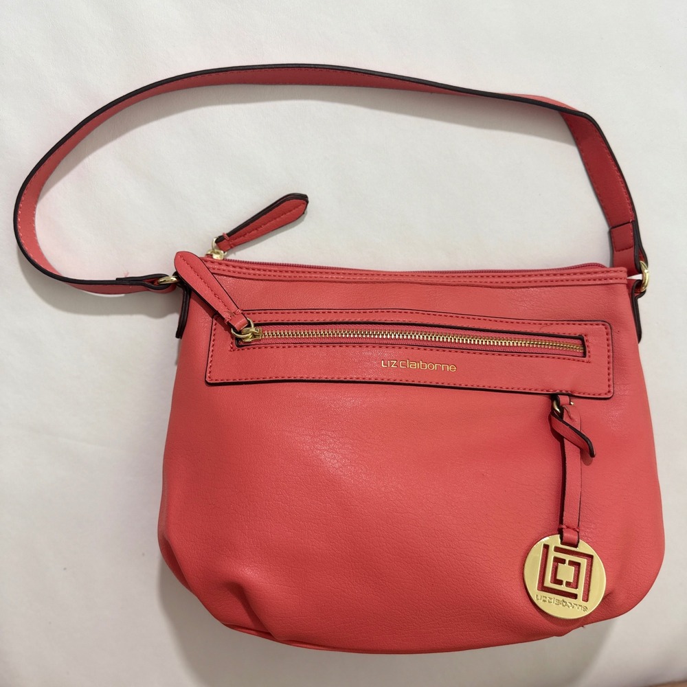 Liz Claiborne Shoulder Bag Women OS Coral Pink Faux Leather Gold Logo Charm
